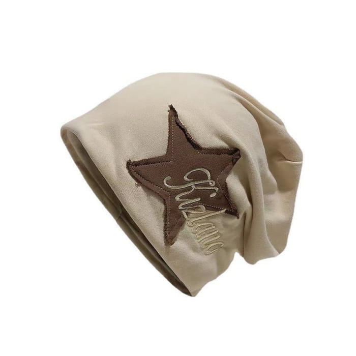 Lettering Star Embroidered Slouchy Beanie - Hats