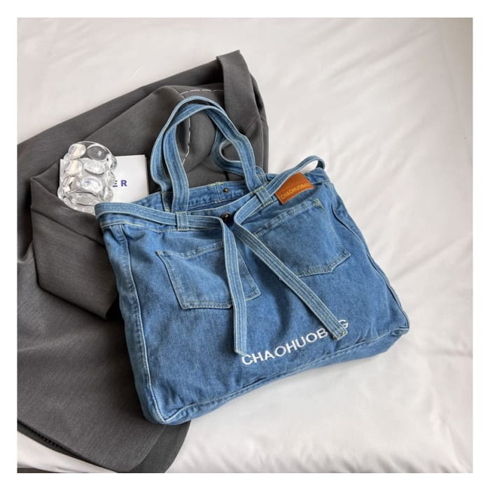 Lettering Washed Denim Tote Bag