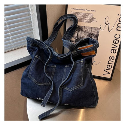 Lettering Washed Denim Tote Bag