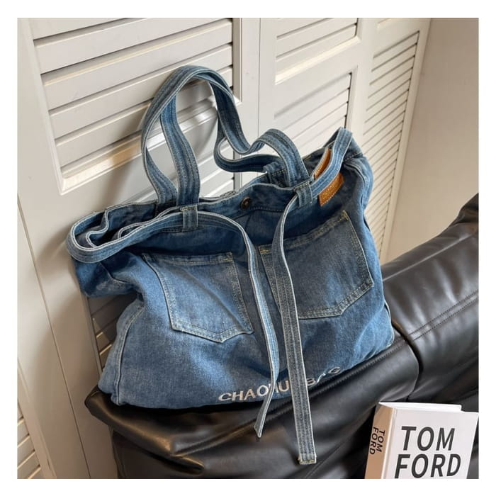 Lettering Washed Denim Tote Bag