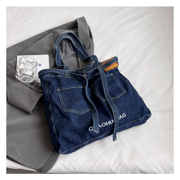 Lettering Washed Denim Tote Bag