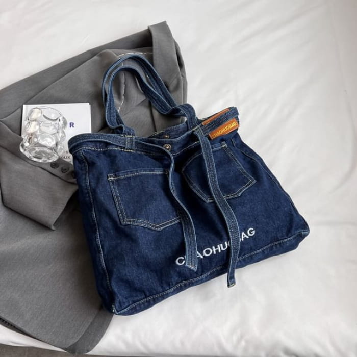 Lettering Washed Denim Tote Bag - Dark Blue / One Size