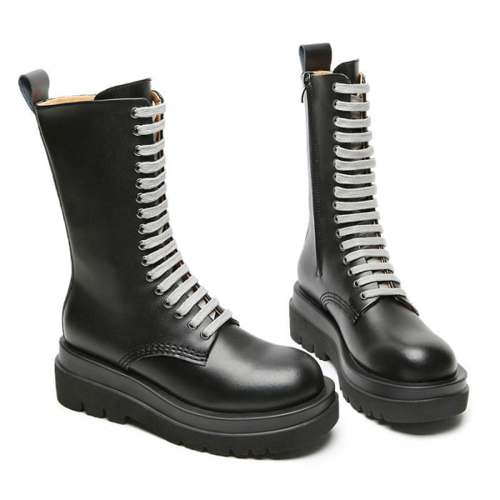 Light Gray Shoelaces VintageKnee High Martin Boots - Black
