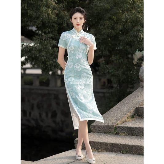 Light Green Floral Cheongsam Dress - S - Female Hanfu