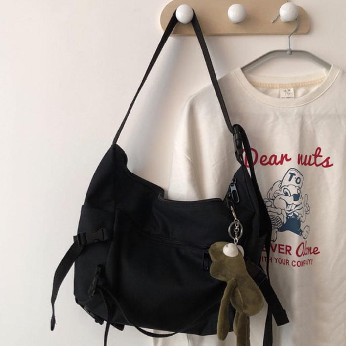 Lightweight Canvas Student Crossbody Bag - Black with Frog