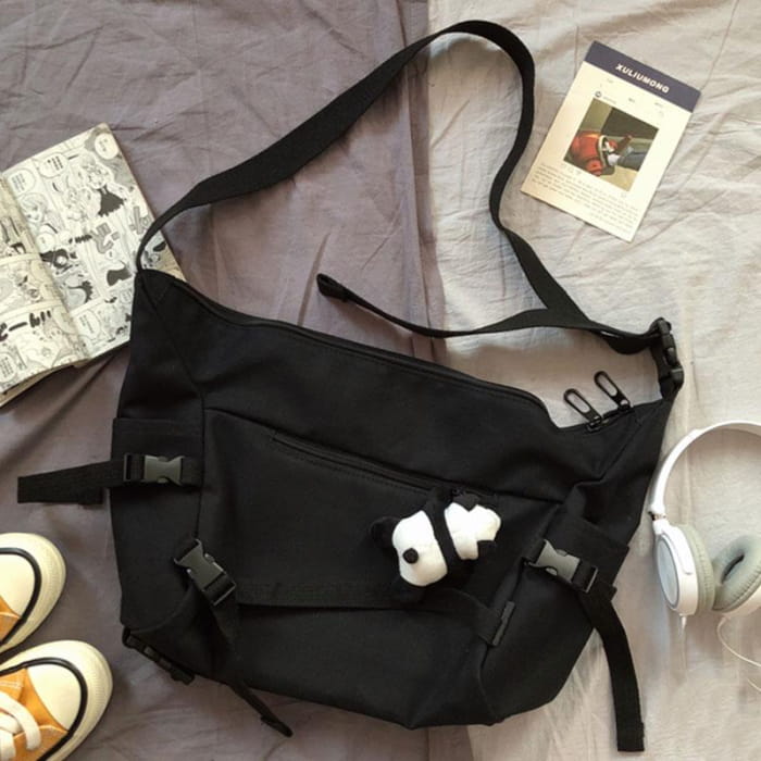 Lightweight Canvas Student Crossbody Bag - Black with Panda