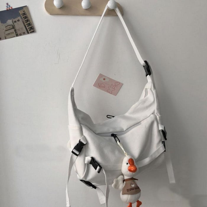 Lightweight Canvas Student Crossbody Bag - White with Goose