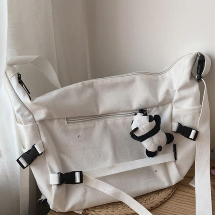Lightweight Canvas Student Crossbody Bag - White with Panda