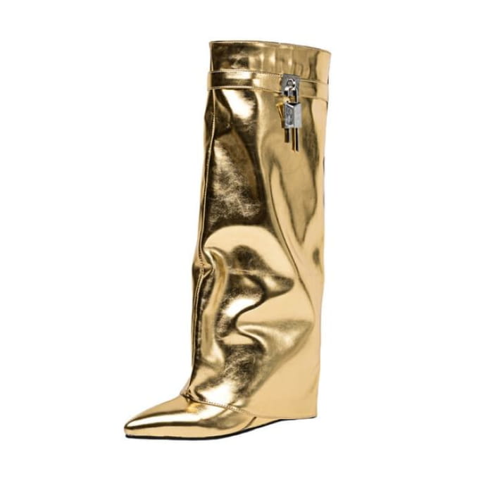 Lock Accent Tall Boots - Gold / 34