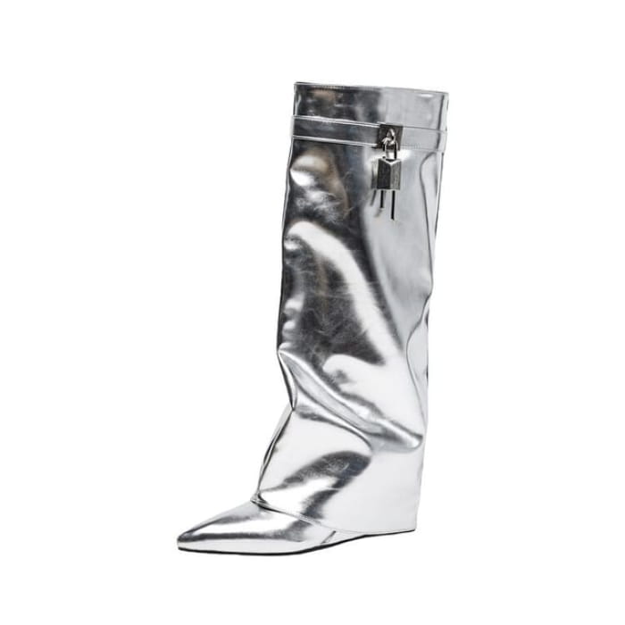 Lock Accent Tall Boots - Silver / 34