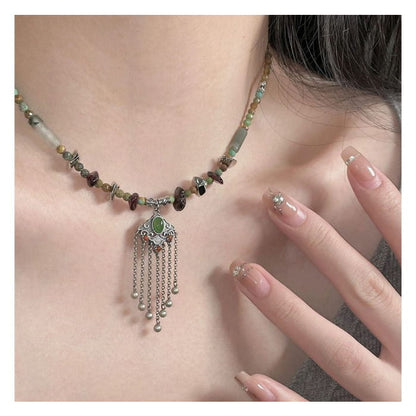 Lock Fringed Pendant Faux Gemstone Alloy Choker