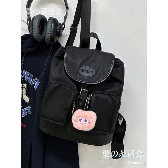 Logo Buckled Flap Backpack / Charm / Set - With Elf - Black