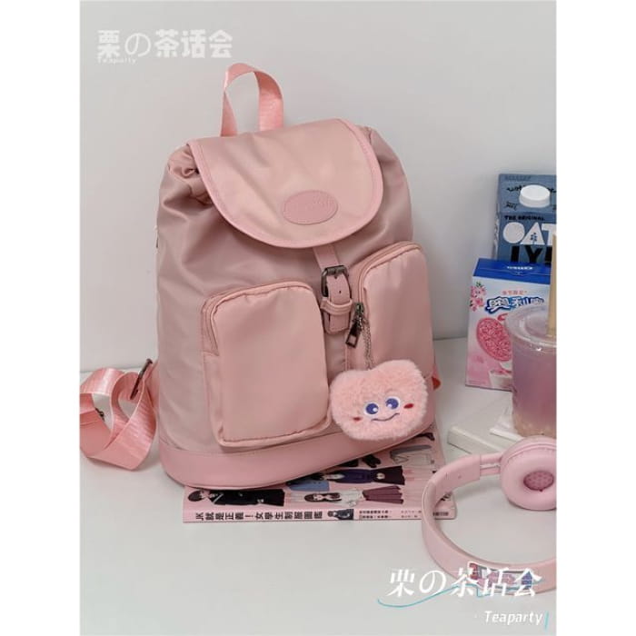 Logo Buckled Flap Backpack / Charm / Set - With Elf - Pink