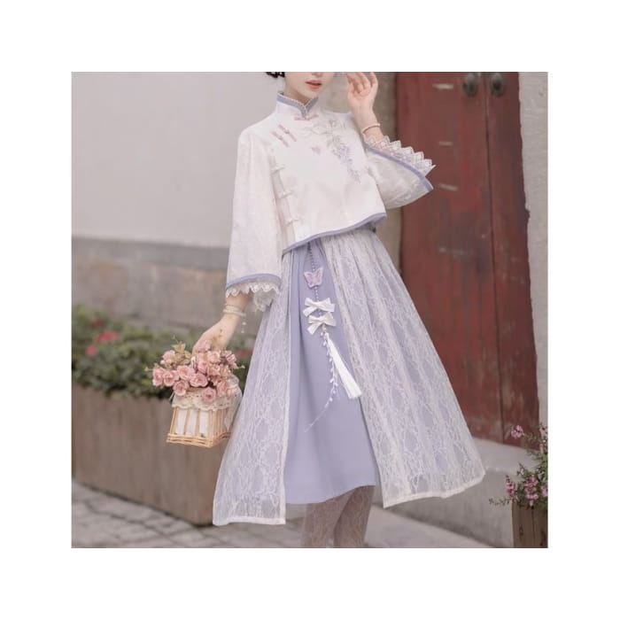 Lolita 3/4-Sleeve Qipao Top / High Rise Overlay Midi A-Line