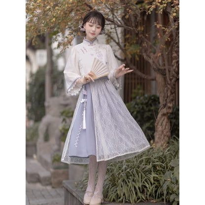 Lolita 3/4-Sleeve Qipao Top / High Rise Overlay Midi A-Line