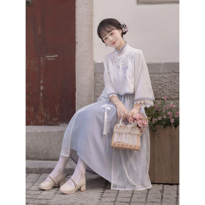 Lolita 3/4-Sleeve Qipao Top / High Rise Overlay Midi A-Line