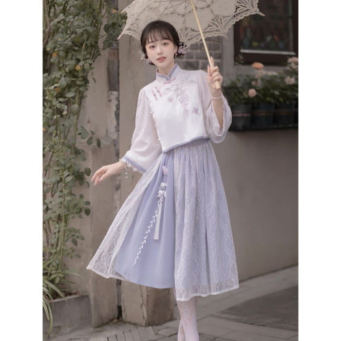 Lolita 3/4-Sleeve Qipao Top / High Rise Overlay Midi A-Line