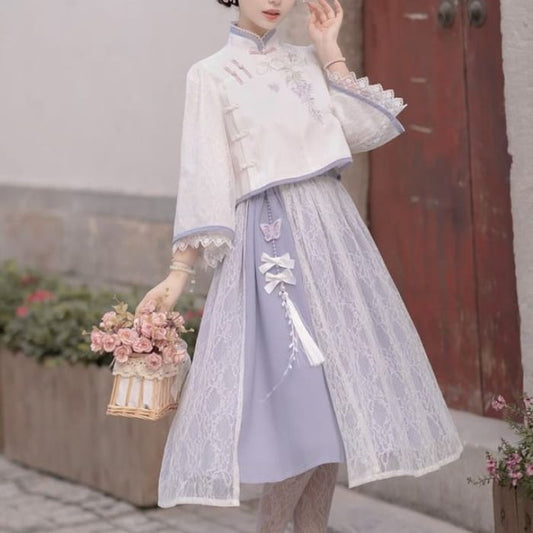 Lolita 3/4-Sleeve Qipao Top / High Rise Overlay Midi A-Line