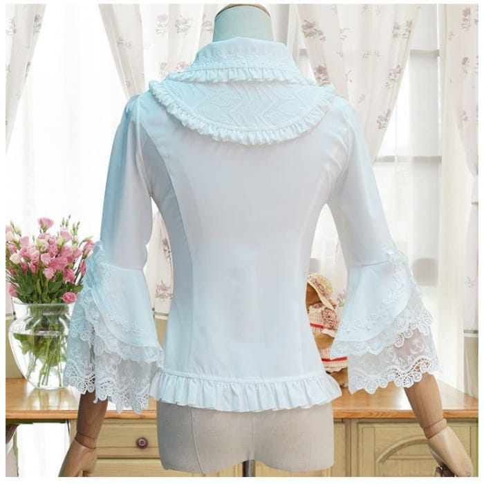 Lolita Bell-Sleeve Collared Lace Trim Blouse