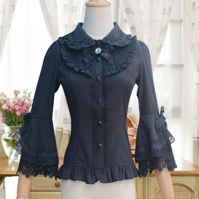 Lolita Bell-Sleeve Collared Lace Trim Blouse