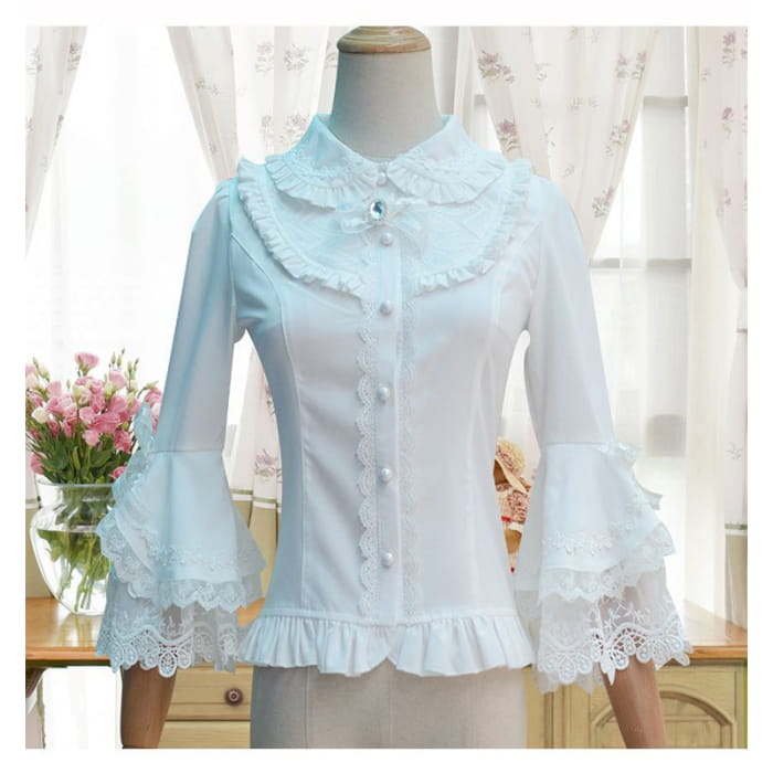 Lolita Bell-Sleeve Collared Lace Trim Blouse