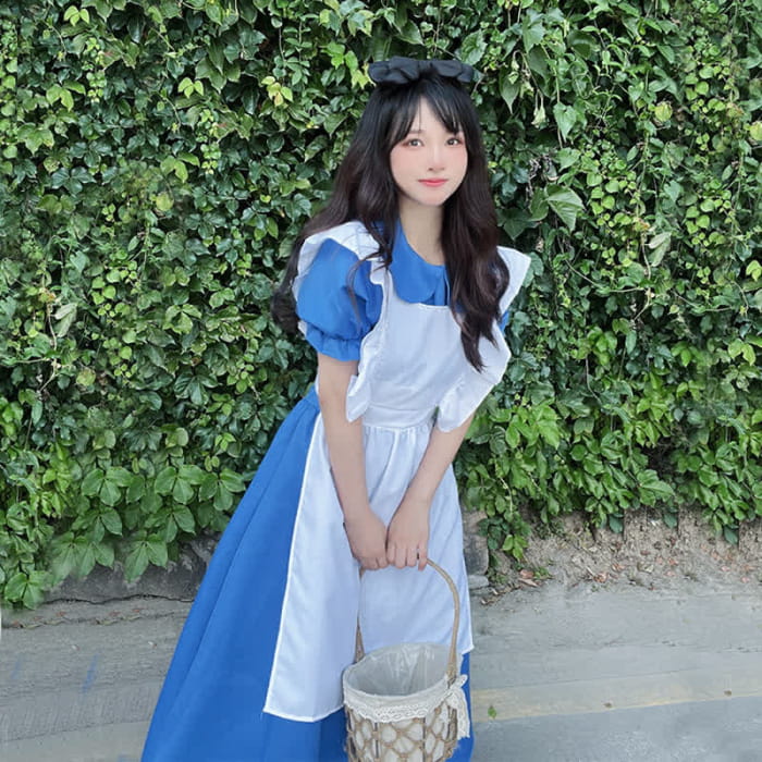 Lolita Blue Lapel Ruffled Maid Long Dress