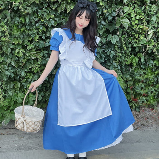 Lolita Blue Lapel Ruffled Maid Long Dress - S
