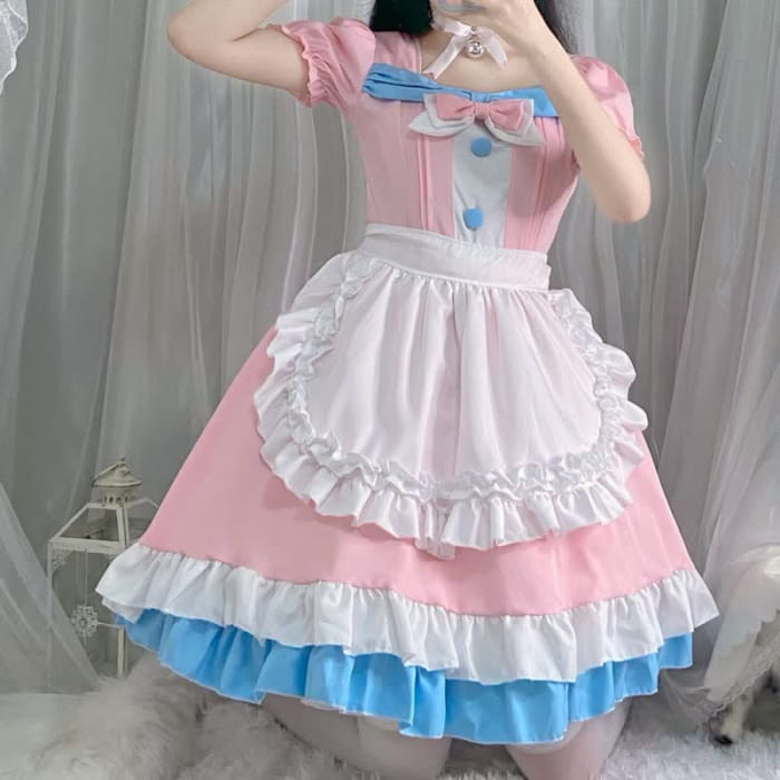 Lolita Bow Knot Ruffled Maid Dress - Pink / One Size