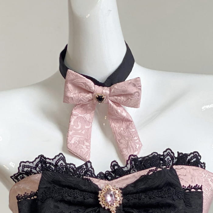 Lolita Bowknot Lace Corset Tops Layered Shorts - Pink