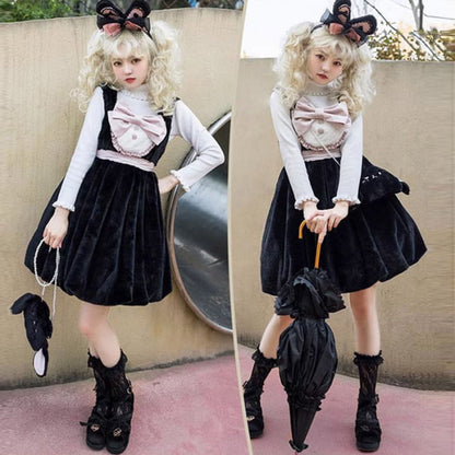 Lolita Bowknot Plush Overalls Puff Sleeve Lace Shirt