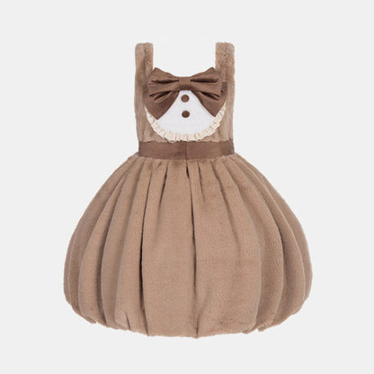 Lolita Bowknot Plush Overalls Puff Sleeve Lace Shirt