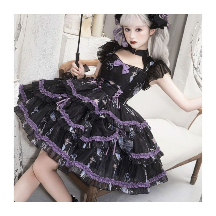 Lolita Cap-Sleeve Mesh Tiered A-Line Dress