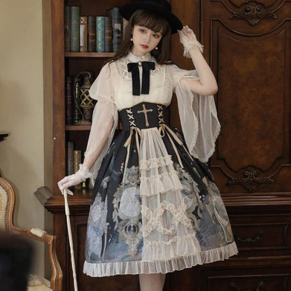 Lolita Elegant Bowknot Lace Shirt Clock Print High Waist