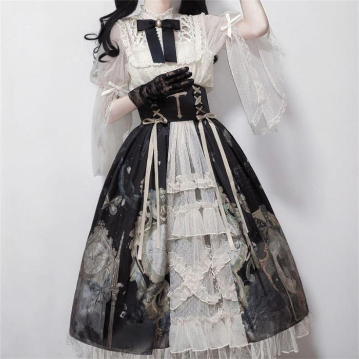 Lolita Elegant Bowknot Lace Shirt Clock Print High Waist