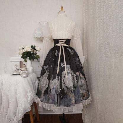 Lolita Elegant Bowknot Lace Shirt Clock Print High Waist