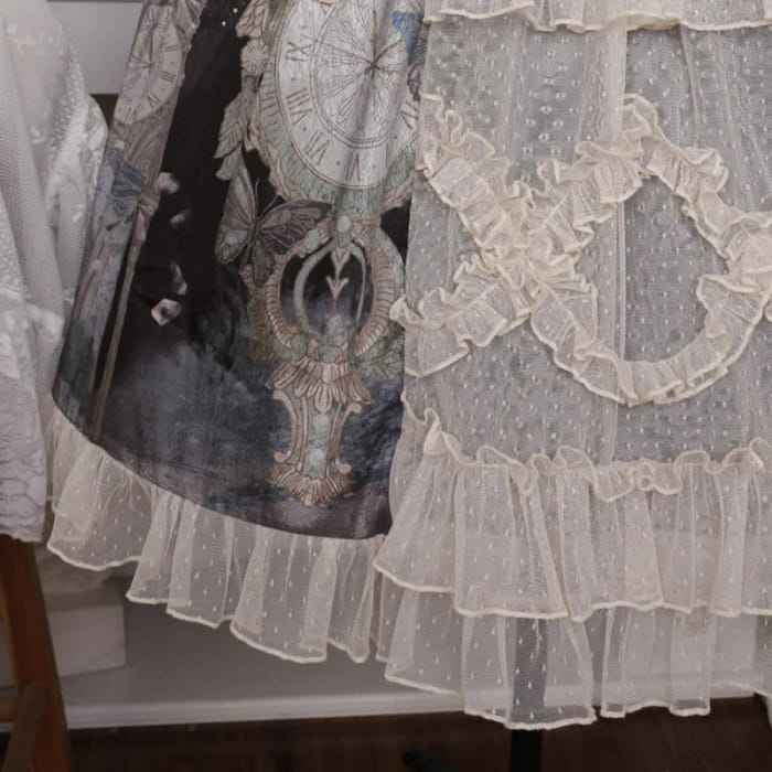 Lolita Elegant Bowknot Lace Shirt Clock Print High Waist