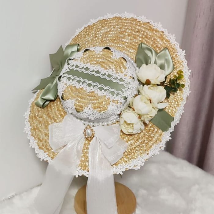 Lolita Lace Trim Straw Hat - 01 - Light Yellow & White