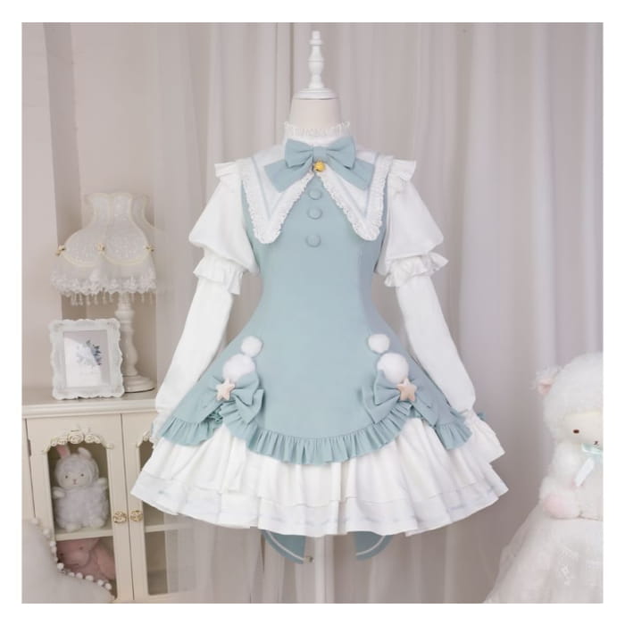 Lolita Long-Sleeve Collared Bow Lace Trim Mini A-Line Dress