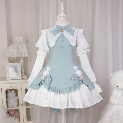 Lolita Long-Sleeve Collared Bow Lace Trim Mini A-Line Dress