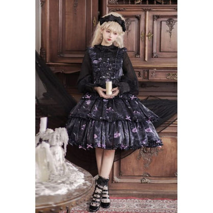 Lolita Long-Sleeve Floral Bow Ruffle Trim Midi A-Line Dress