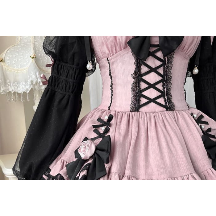 Lolita Long-Sleeve Lace-Up Waist Tiered A-Line Dress