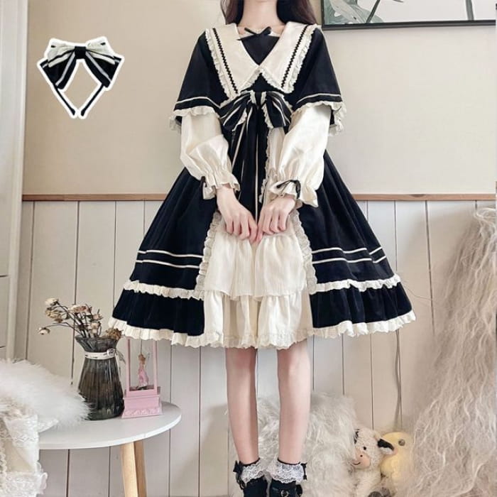 Lolita Long-Sleeve Mock Two-Piece Lace Trim A-Line Dress