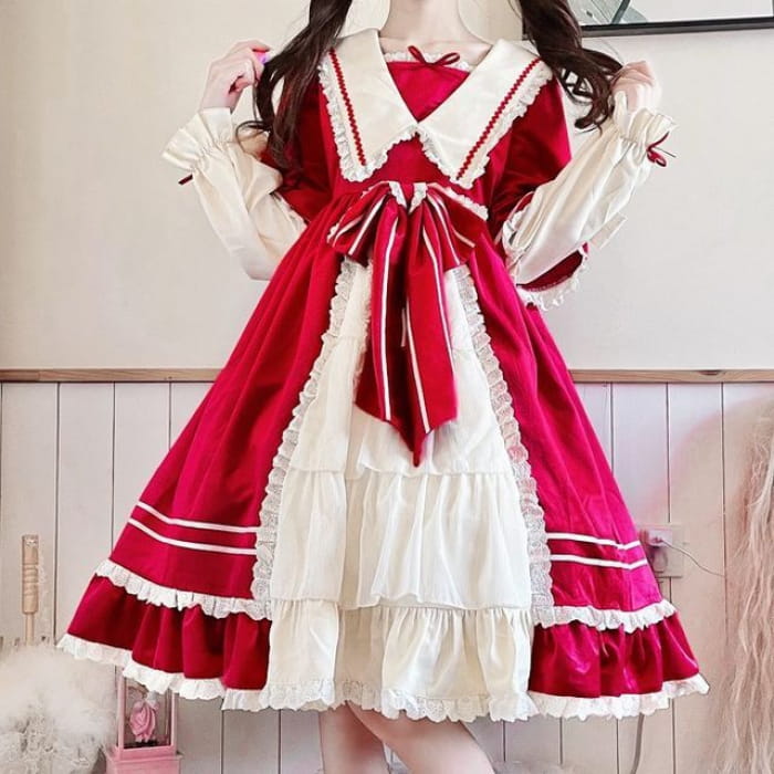 Lolita Long-Sleeve Mock Two-Piece Lace Trim A-Line Dress