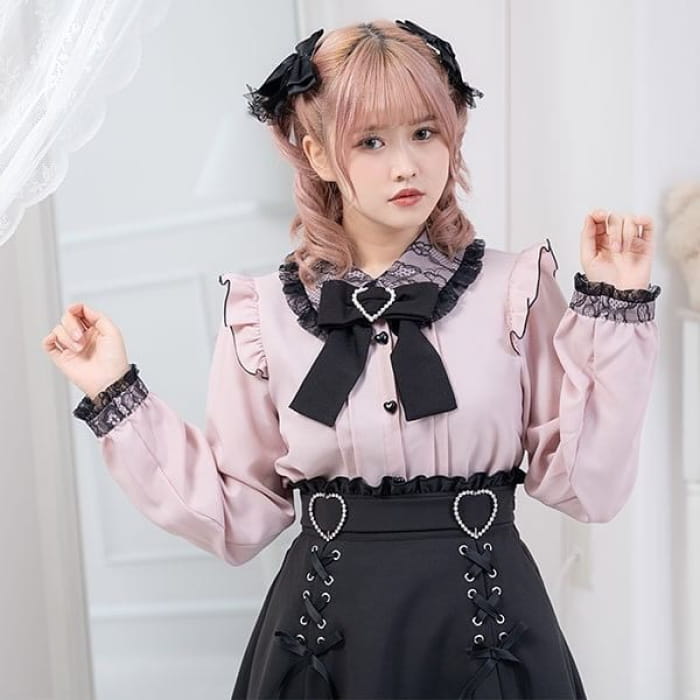 Lolita Long Sleeve Peter Pan Collar Ruffle Trim Blouse