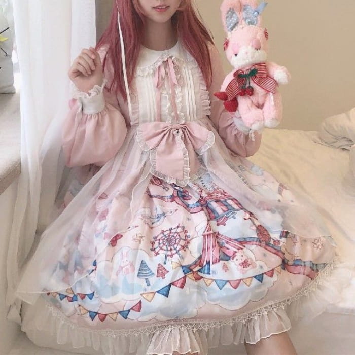 Lolita Long-Sleeve Printed A-Line Dress / Headband / Set