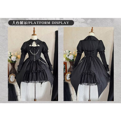 Lolita Puff Sleeve Collared Plain Cutout Ruffle Lace Up