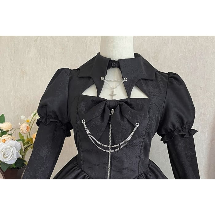 Lolita Puff Sleeve Collared Plain Cutout Ruffle Lace Up