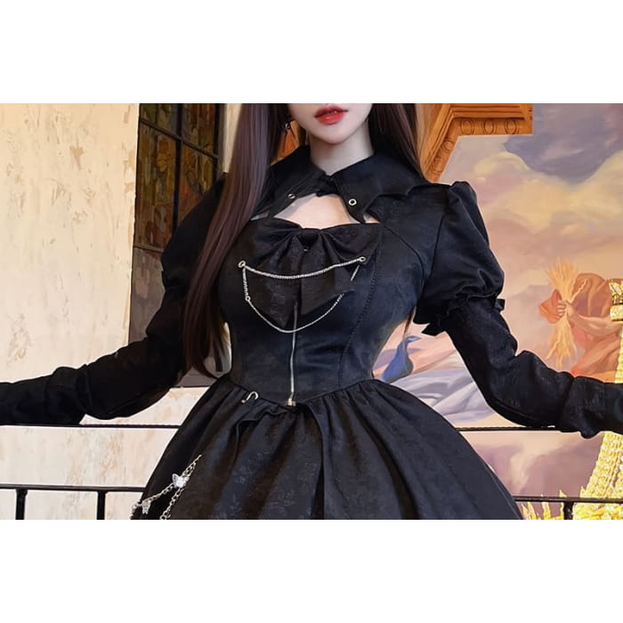 Lolita Puff Sleeve Collared Plain Cutout Ruffle Lace Up