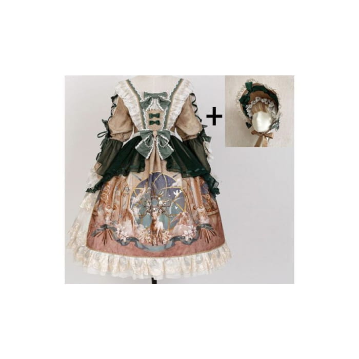 Lolita Puff-Sleeve Deer Print Lace Trim Bow Midi A-Line