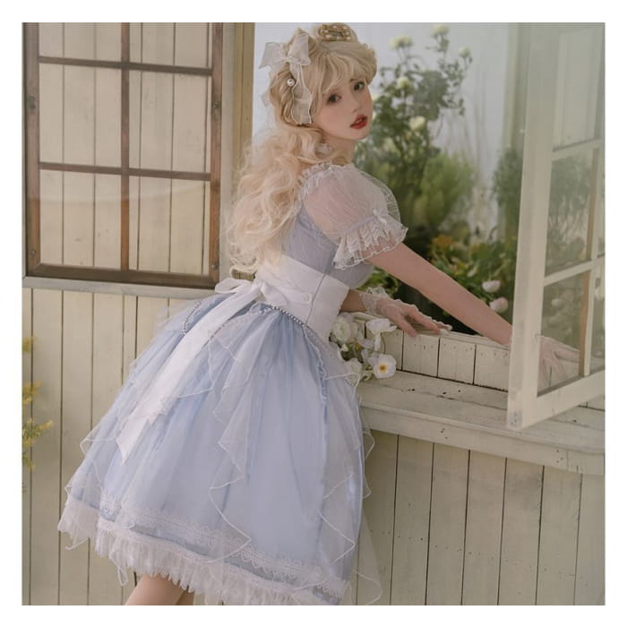 Lolita Puff-Sleeve Plain Lace Trim Midi A-Line Dress